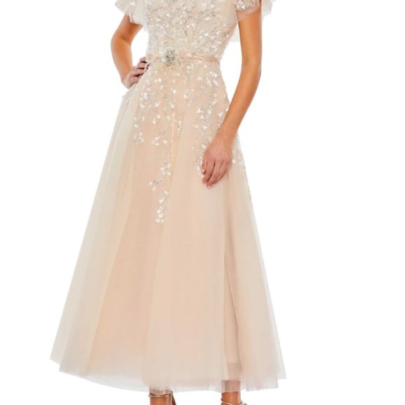 MAC DUGGAL 20362 EMBELLISHED FLUTTER SLEEVE BOW WAIST A-LINE NUDE GOWN sz 8 - Picture 5 of 6